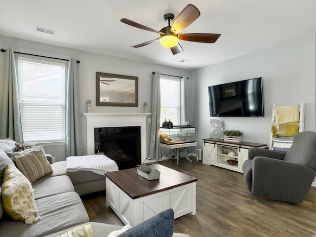 living room featuring ceiling fan and dark hardwood / wood-style floors