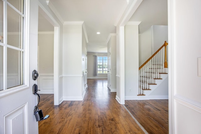 1713 Pimlico Blvd, Moncks Corner, SC 29461 - entryway featuring stairs, wood finished floors, crown molding, baseboards, and recessed lighting