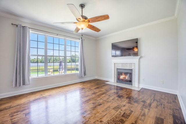 1713 Pimlico Blvd, Moncks Corner, SC 29461 - unfurnished living room featuring wood finished floors, a premium fireplace, ornamental molding, ceiling fan, and baseboards
