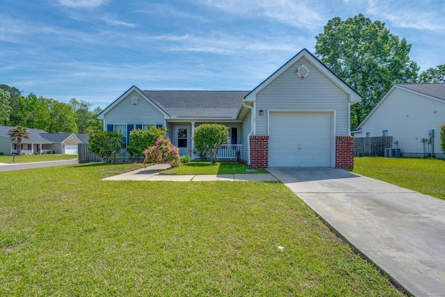 ranch-style house featuring an attached garage, concrete driveway, central air condition unit, a front yard, and brick siding