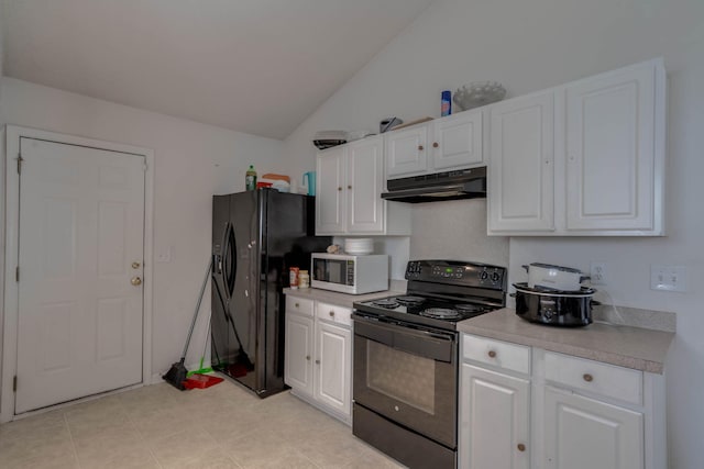 kitchen with under cabinet range hood, white cabinetry, lofted ceiling, and black appliances