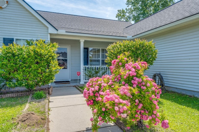 entrance to property with a shingled roof and a porch