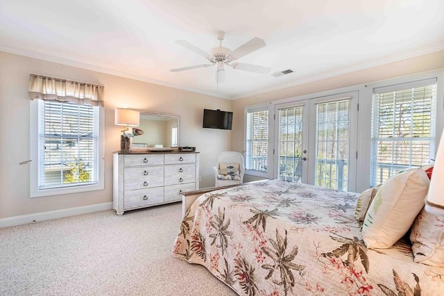 bedroom with visible vents, light colored carpet, ornamental molding, access to outside, and baseboards