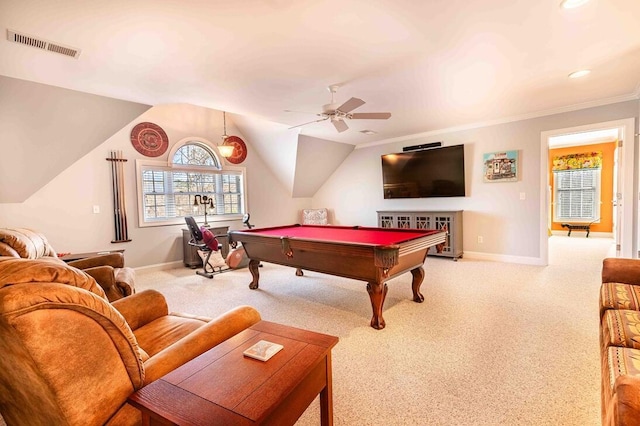 playroom with carpet, visible vents, a ceiling fan, billiards, and baseboards