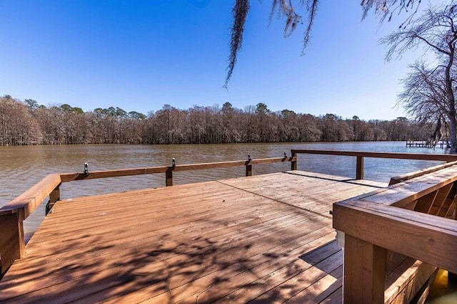 view of dock with a water view and a view of trees