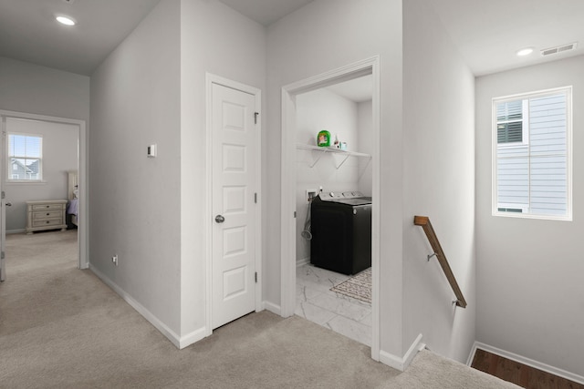 238 Bird Song Path, Summerville, SC 29485 - hallway with an upstairs landing, carpet floors, baseboards, and recessed lighting