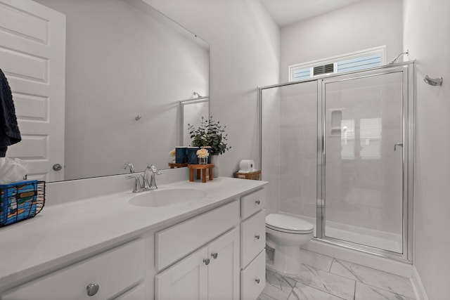 238 Bird Song Path, Summerville, SC 29485 - bathroom with vanity, marble look tile flooring, a shower stall, and toilet