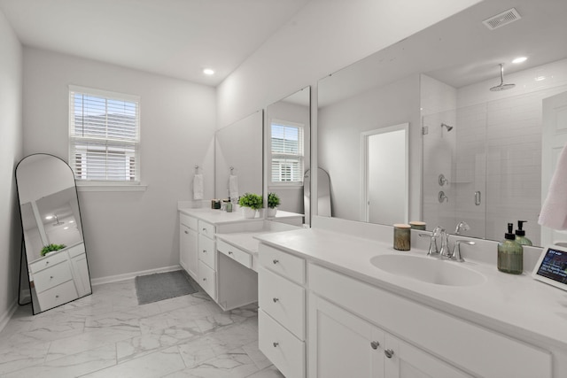 238 Bird Song Path, Summerville, SC 29485 - full bathroom featuring a shower stall, vanity, marble look tiles, healthy amount of natural light, and recessed lighting