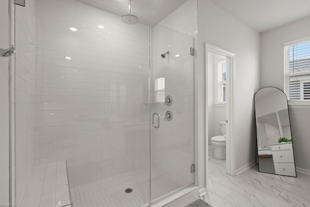 238 Bird Song Path, Summerville, SC 29485 - full bath with a shower stall, toilet, marble look tile flooring, and baseboards