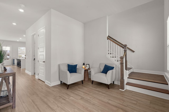 238 Bird Song Path, Summerville, SC 29485 - sitting room featuring light wood-style flooring, baseboards, stairs, and recessed lighting