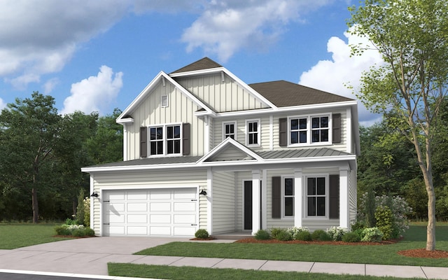 view of front of property with board and batten siding, a front lawn, driveway, and a garage