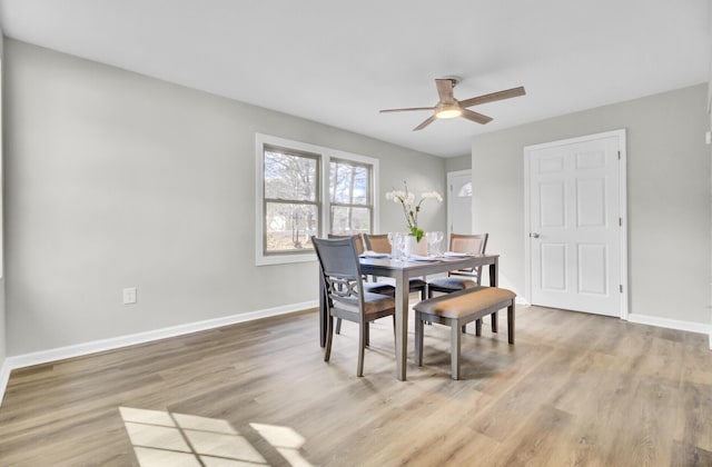 dining room with a ceiling fan, baseboards, and wood finished floors