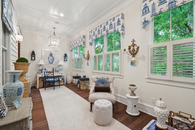 28 Robert Mills Cir, Mount Pleasant, SC 29464 - living area featuring dark wood-type flooring, a chandelier, ornamental molding, baseboards, and coffered ceiling