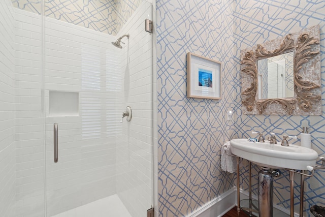 28 Robert Mills Cir, Mount Pleasant, SC 29464 - bathroom featuring a shower stall and wallpapered walls