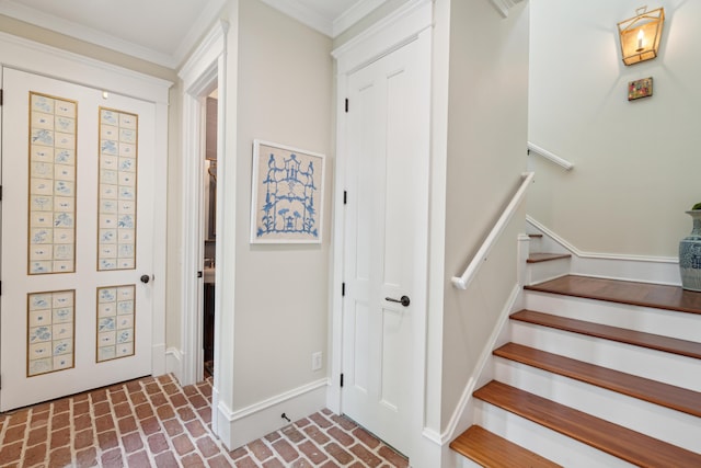 28 Robert Mills Cir, Mount Pleasant, SC 29464 - entryway with brick flooring, baseboards, stairway, and ornamental molding