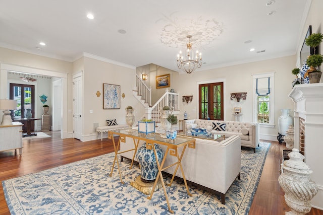 28 Robert Mills Cir, Mount Pleasant, SC 29464 - living room with stairs, dark wood-style floors, recessed lighting, a chandelier, and baseboards