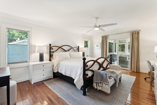 bedroom featuring wood-type flooring, access to outside, ceiling fan, and ornamental molding