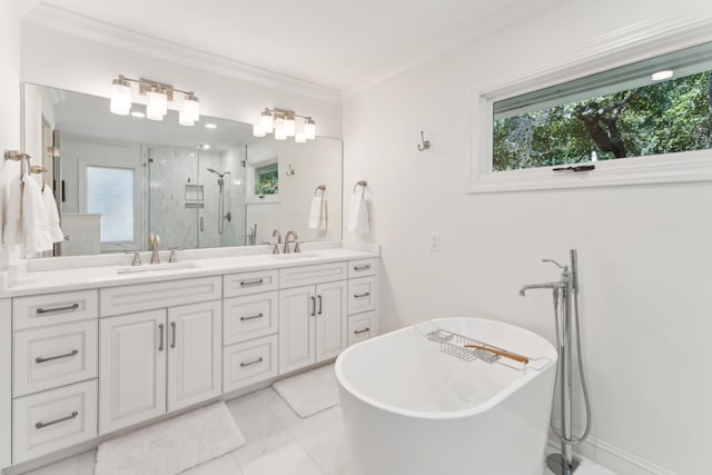 bathroom featuring vanity, independent shower and bath, and ornamental molding