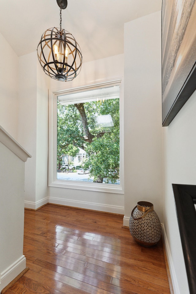 dining room with plenty of natural light, a chandelier, and hardwood / wood-style flooring