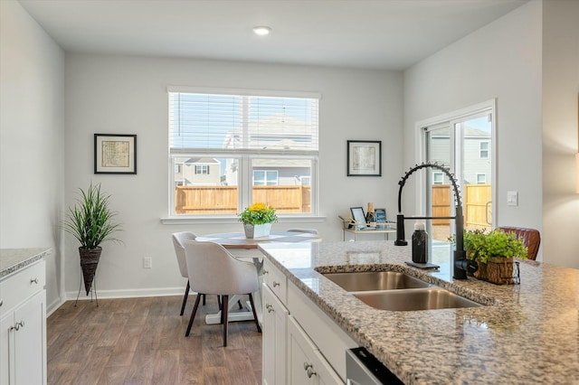 kitchen with dark hardwood / wood-style floors, stainless steel dishwasher, sink, light stone countertops, and white cabinets