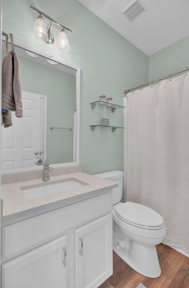 bathroom featuring vanity, wood-type flooring, and toilet