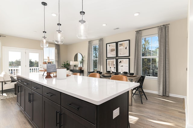 kitchen with decorative light fixtures, light hardwood / wood-style flooring, and plenty of natural light