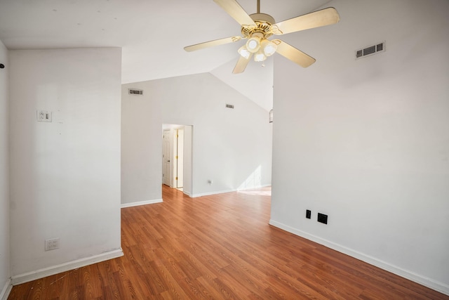 spare room with ceiling fan, light hardwood / wood-style flooring, and high vaulted ceiling