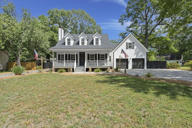 new england style home with a porch, driveway, a chimney, and an attached garage