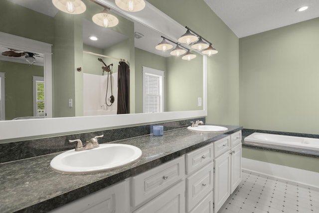 full bathroom with a garden tub, a shower, and double vanity