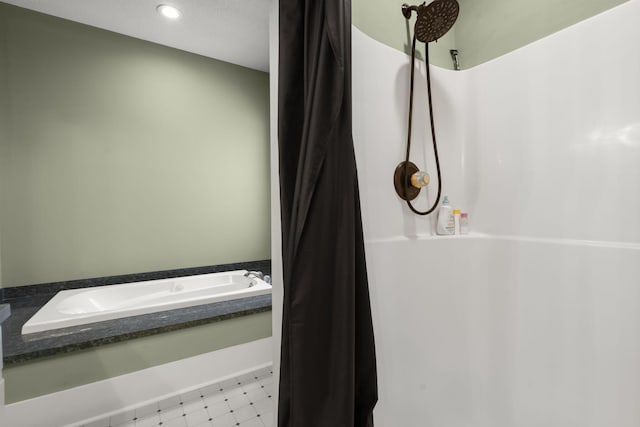 bathroom featuring tile patterned floors, a garden tub, a shower with shower curtain, and recessed lighting