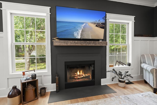interior space with a fireplace with flush hearth, wood finished floors, and ornamental molding