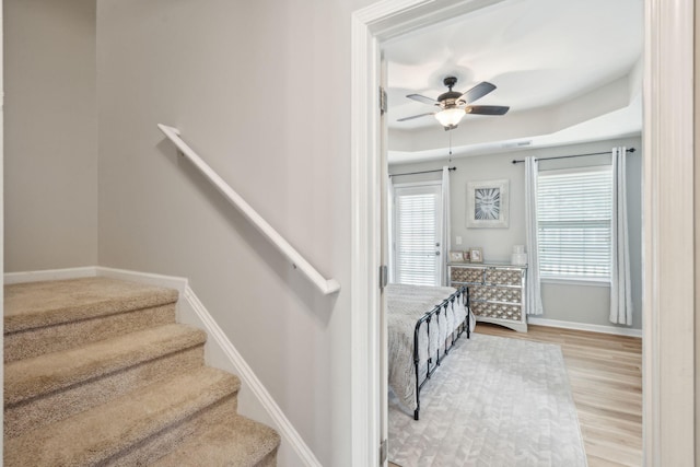 staircase with hardwood / wood-style floors and ceiling fan