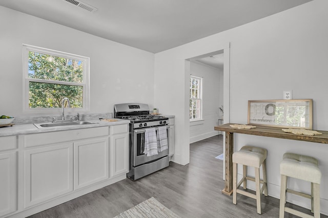 kitchen with white cabinetry, gas range, a wealth of natural light, and a sink