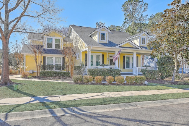 cape cod home with a front lawn and a porch