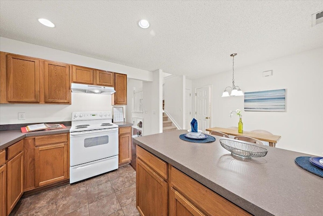 105 Brockman Way, Goose Creek, SC 29445 - kitchen featuring white electric range, under cabinet range hood, a chandelier, brown cabinetry, and a textured ceiling