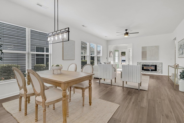 dining area featuring ceiling fan and wood-type flooring