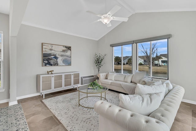 living room with an AC wall unit, vaulted ceiling with beams, and ceiling fan