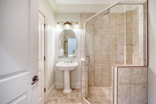 bathroom featuring crown molding, a shower with shower door, and tile patterned flooring