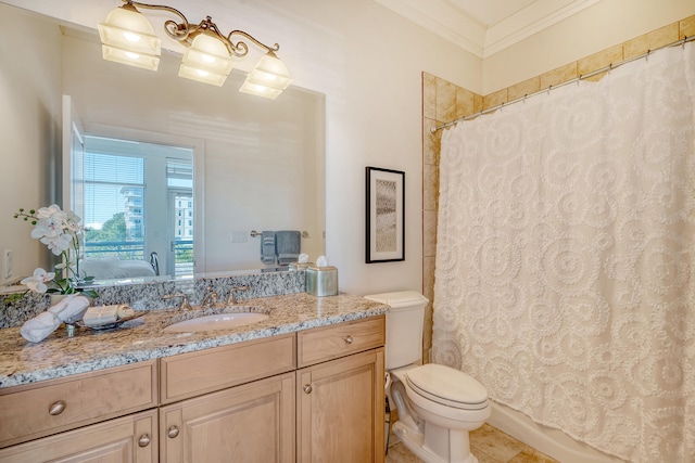 full bathroom featuring tile patterned floors, toilet, ornamental molding, shower / tub combo with curtain, and vanity