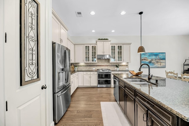 kitchen featuring tasteful backsplash, stainless steel appliances, a sink, glass insert cabinets, and wood finished floors