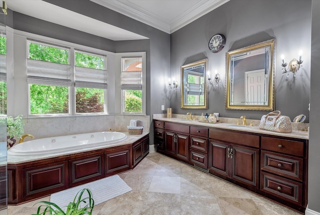 full bath featuring double vanity, a bath, a sink, and ornamental molding