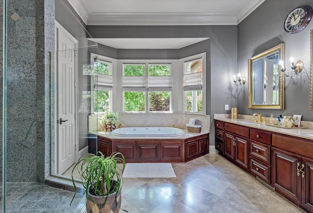 full bath with vanity, a garden tub, and ornamental molding