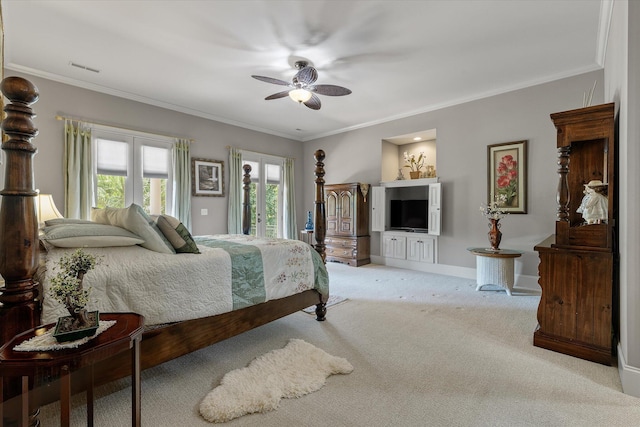 bedroom featuring carpet flooring, access to exterior, ornamental molding, and a ceiling fan