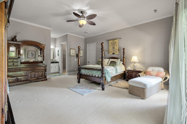 bedroom featuring ornamental molding, visible vents, baseboards, and light carpet