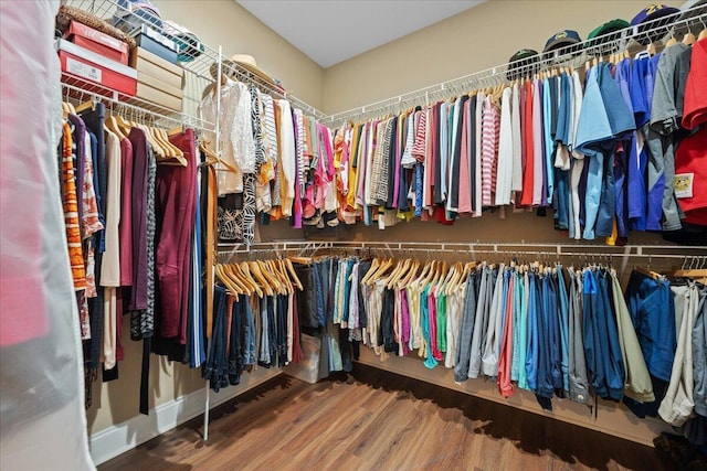 walk in closet with wood finished floors