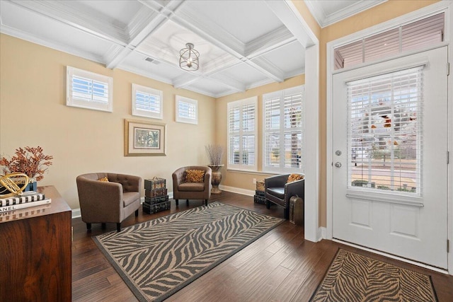 foyer entrance featuring dark wood-style flooring, coffered ceiling, beam ceiling, and baseboards