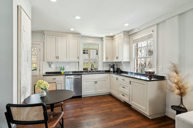 kitchen with stainless steel dishwasher, dark countertops, dark wood-style floors, and a sink