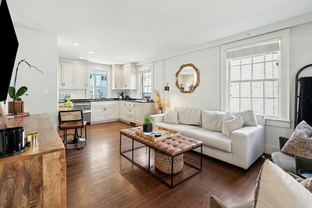 living area featuring recessed lighting and dark wood-style floors