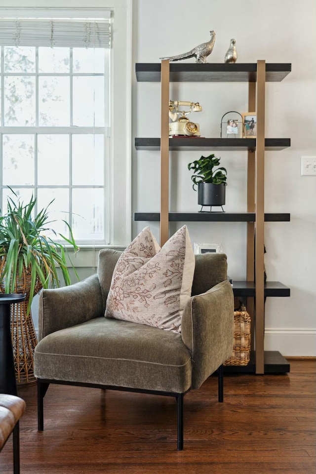 sitting room with baseboards and wood finished floors