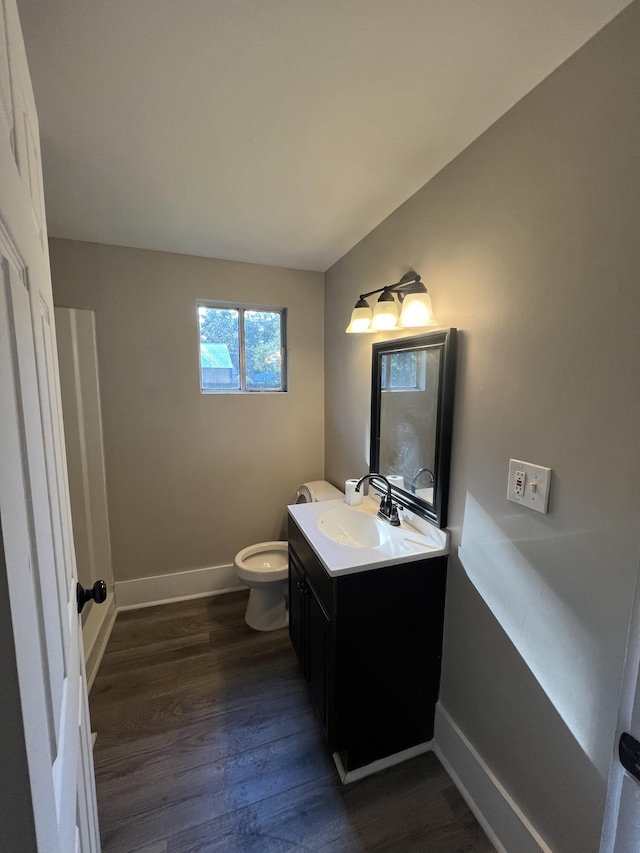 bathroom with hardwood / wood-style flooring, vanity, and toilet